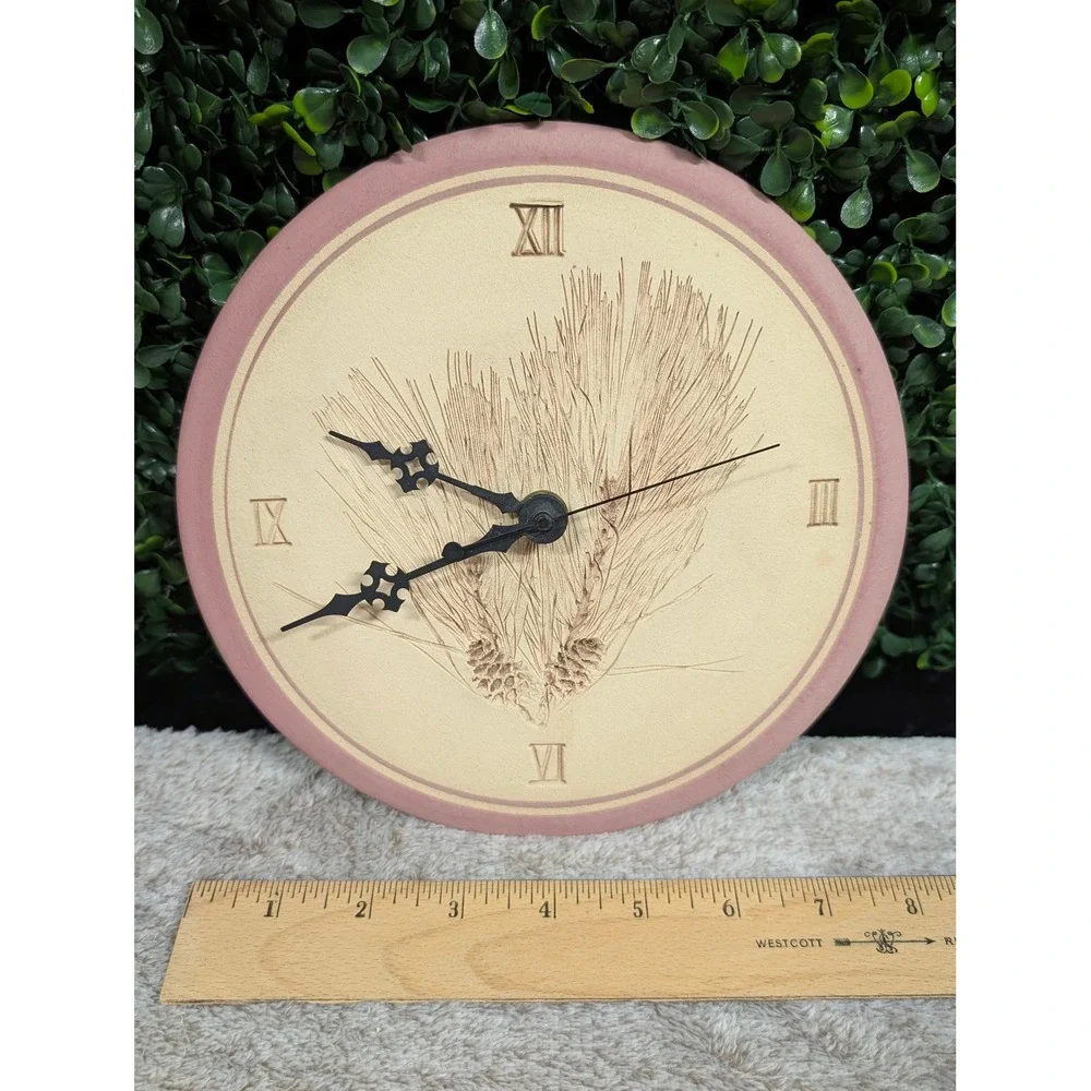 Vintage 80s Studio Pottery Wall Clock Cream Mauve Wheat Pinecone Cottagecore
